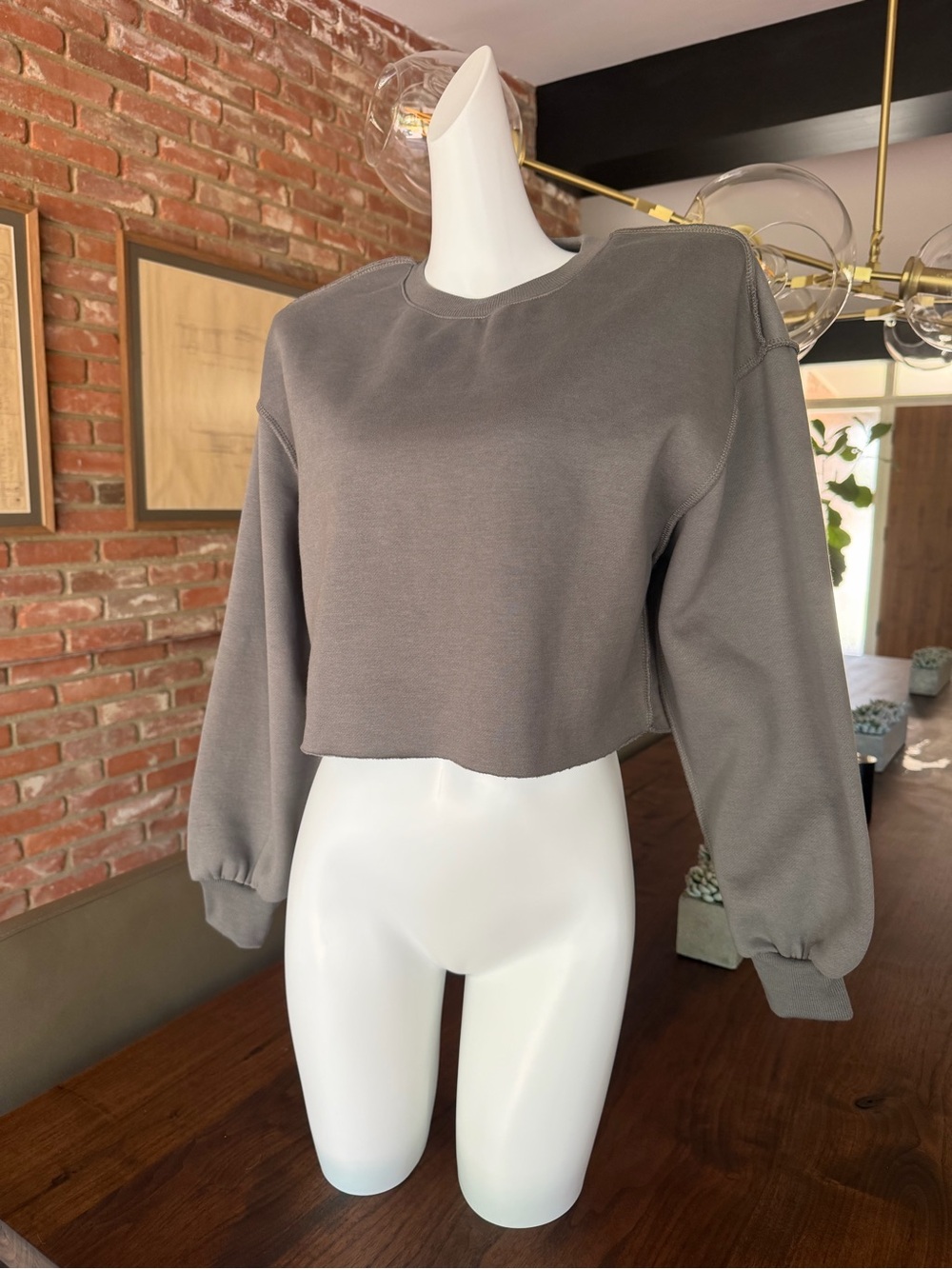 Cropped Long-Sleeve Sweatshirt - Gray